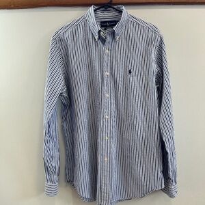Ralph Lauren Classic Fit Dress Shirt Large White with Navy & Light Blue Stripes